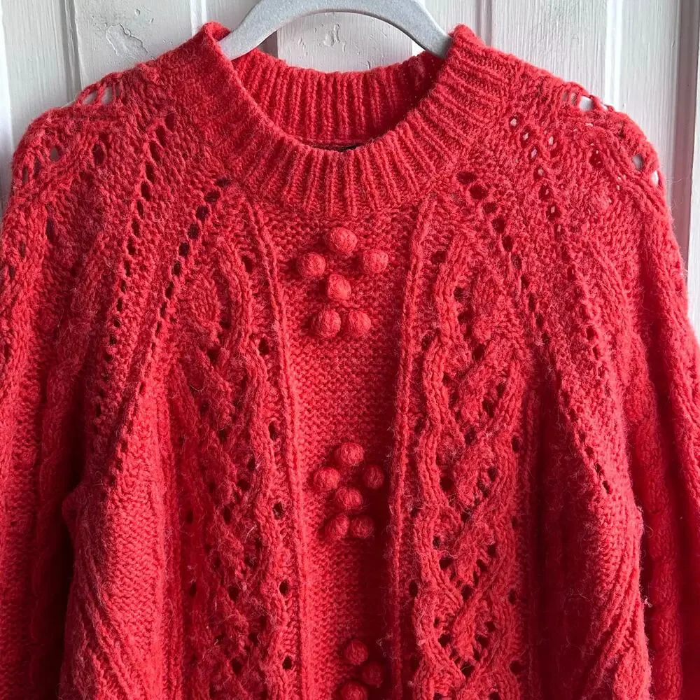 J.Crew Textured Alpaca Blend Pom Pom Cable Knit Sweater – Size Small
